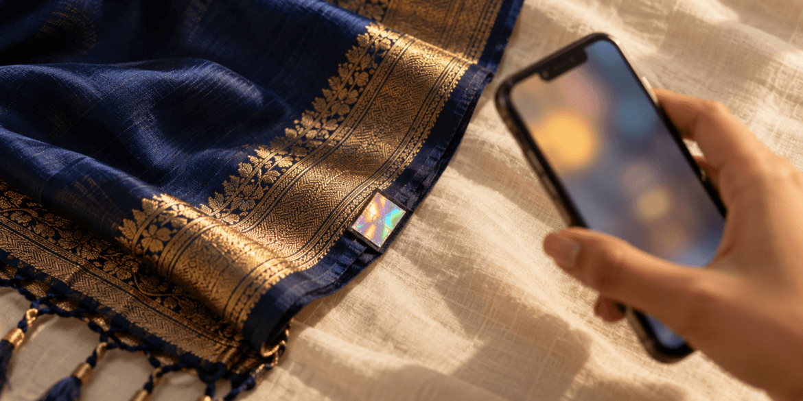 Hand holding a phone beside a hologram label on a silk saree pallu, ready to verify a Silk Mark