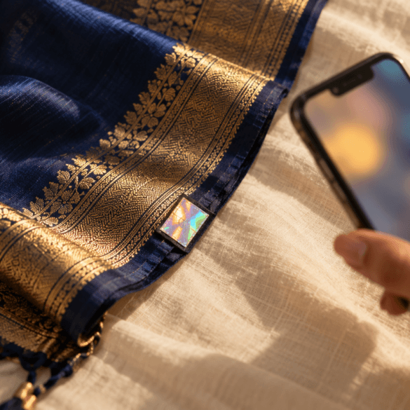 Hand holding a phone beside a hologram label on a silk saree pallu, ready to verify a Silk Mark