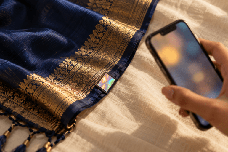Hand holding a phone beside a hologram label on a silk saree pallu, ready to verify a Silk Mark