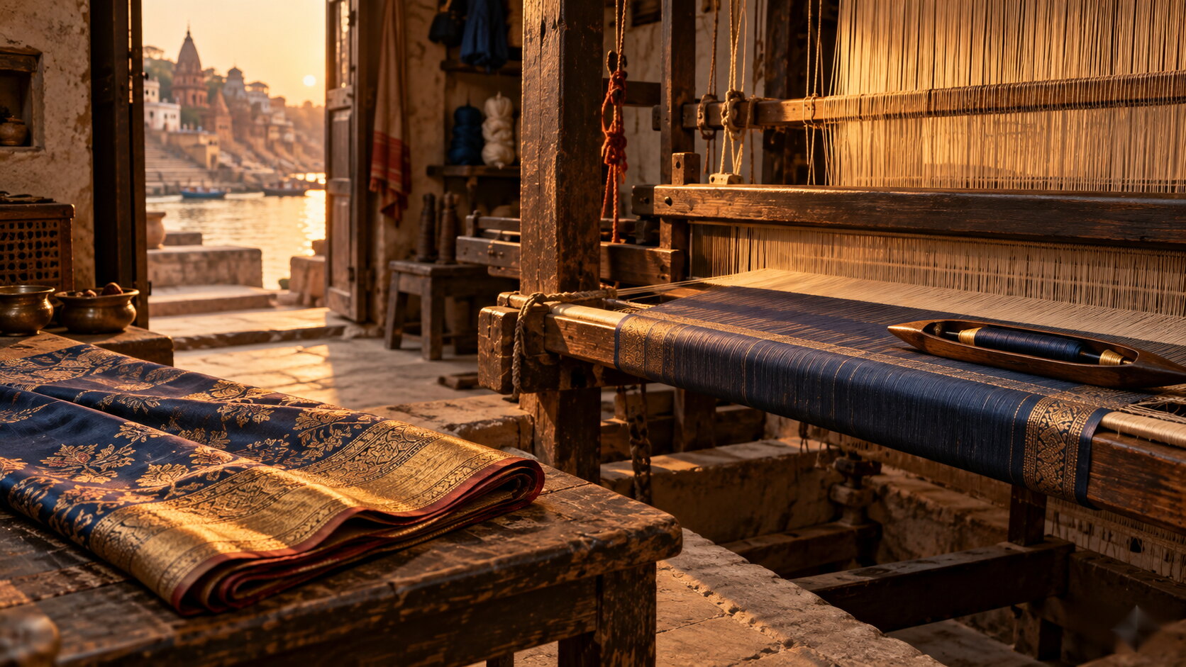 Pit loom with silk warp and shuttle in a Varanasi weaving shed, where loom and fibre are separate questions